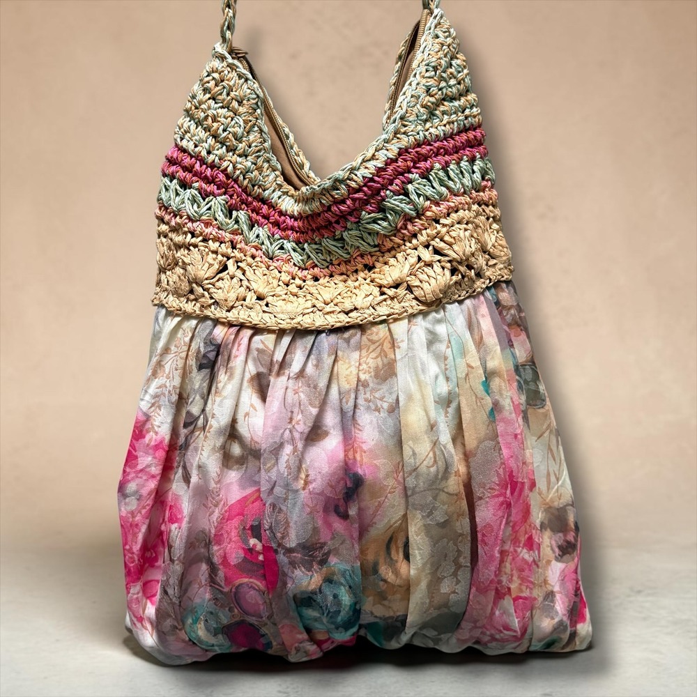 Cappelli Straworld Floral Crochet Shoulder Bag Pink Green Boho Hobo Purse